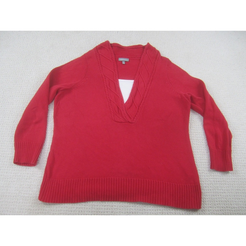 Essentials Sweater Womens 1X Red Knit Pullover Casual Cotton Long‎ Sleeve V-Neck